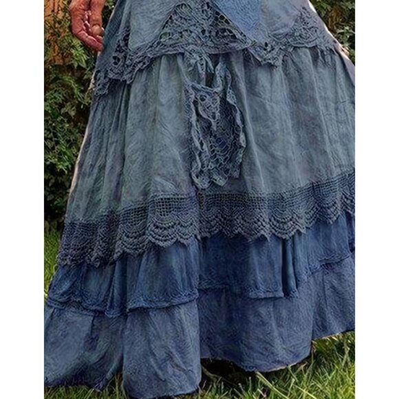 Retro Bohemian Maxi Skirt - Non-Stretchy Loose Fit Long & Flowy with Lace Trim - Picture 2 of 3